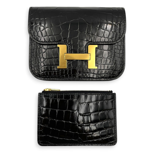 Constance slim Black Wallet in Shiny Alligator Gold hardware