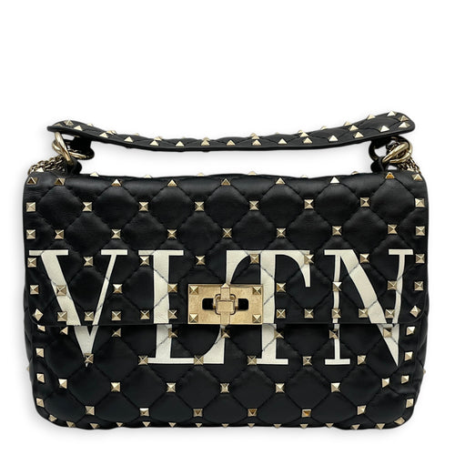 Garavani Rockstuds Spike 24 Black Shoulder Bag in Calfskin Gold hardware