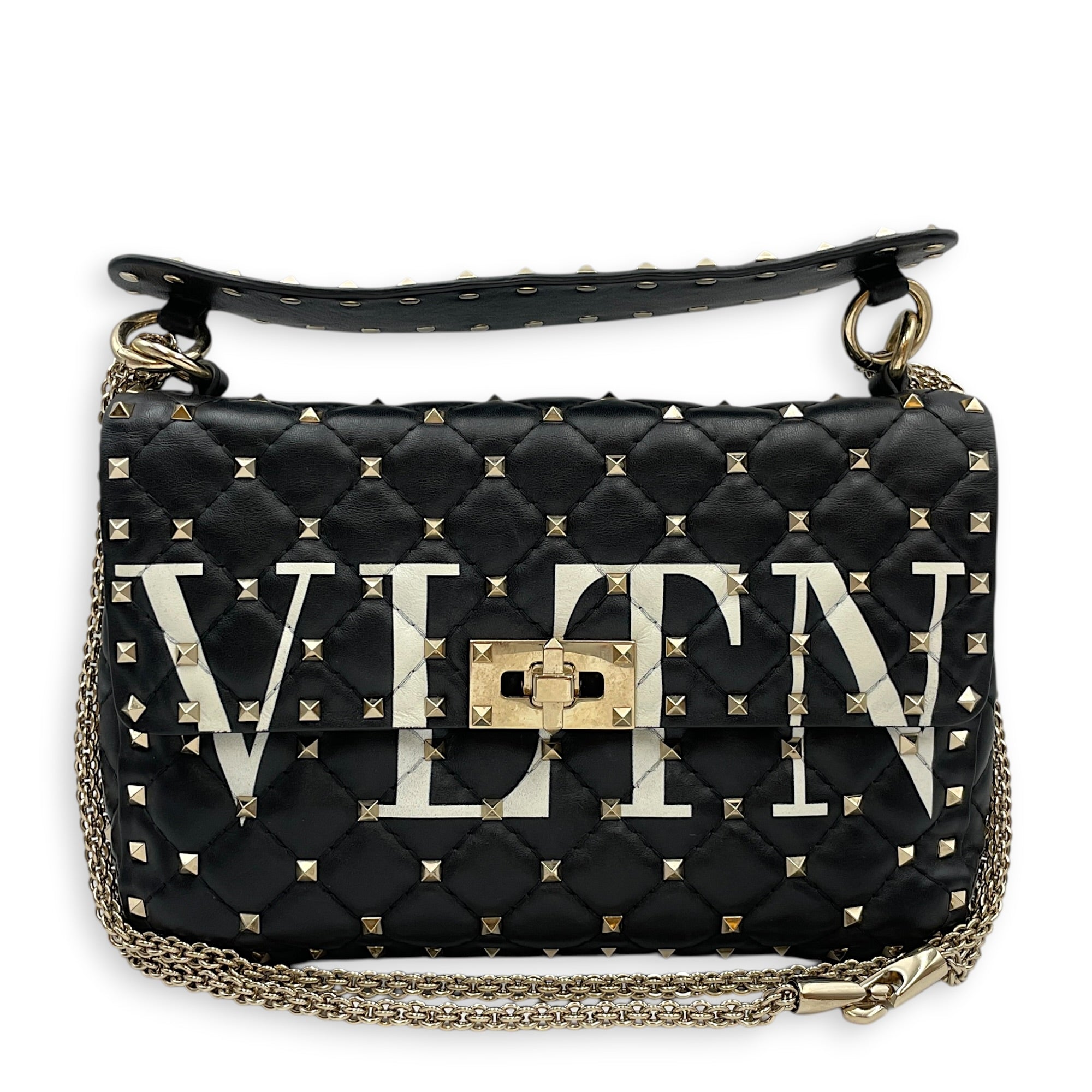 Garavani Rockstuds Spike 24 Black Shoulder Bag in Calfskin Gold hardware
