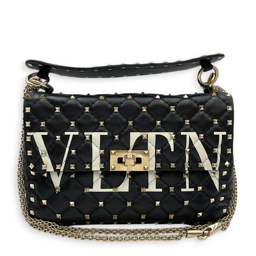 Garavani Rockstuds Spike 24 Black Shoulder Bag in Calfskin Gold hardware