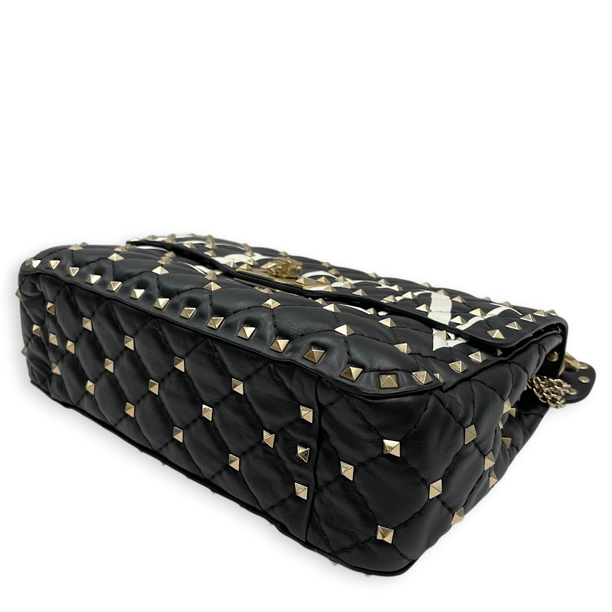 Garavani Rockstuds Spike 24 Black Shoulder Bag in Calfskin Gold hardware