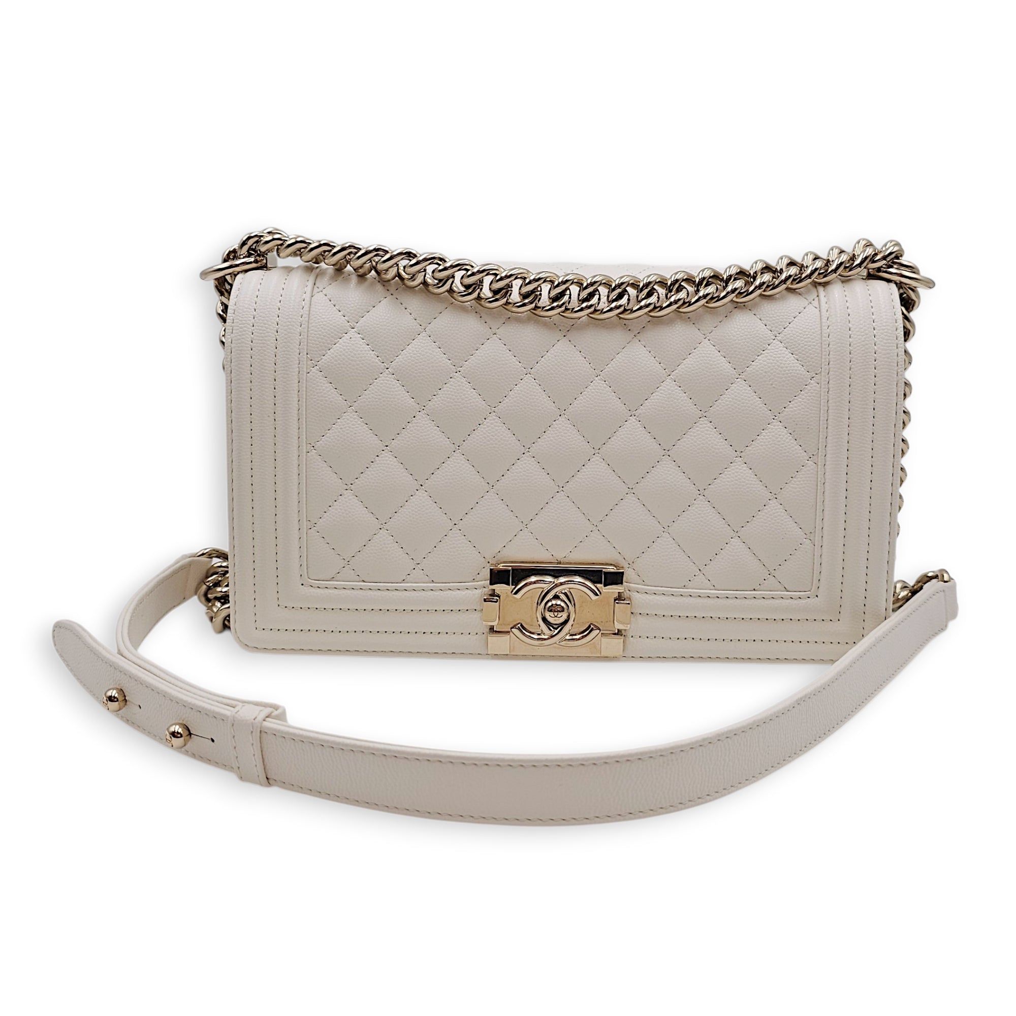 Le Boy Medium White Shoulder Bag in Caviar Leather Silver hardware CL2604-20586 14