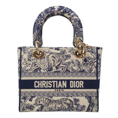 Lady Dior Medium Blue Top Handle Bag in Canvas Gold hardware