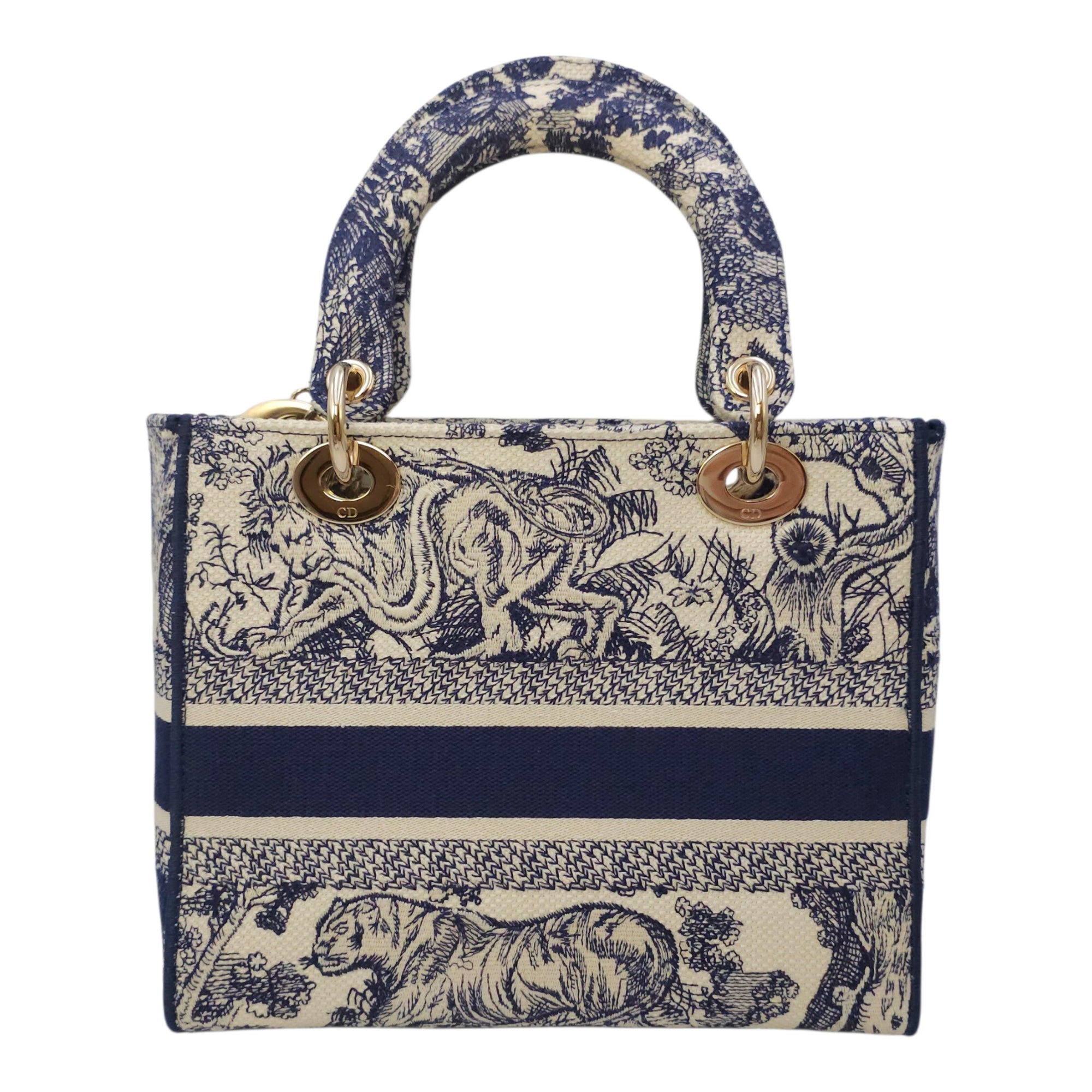 Lady Dior Medium Blue Top Handle Bag in Canvas Gold hardware