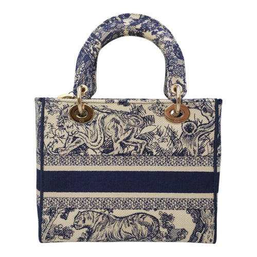 Lady Dior Medium Blue Top Handle Bag in Canvas Gold hardware