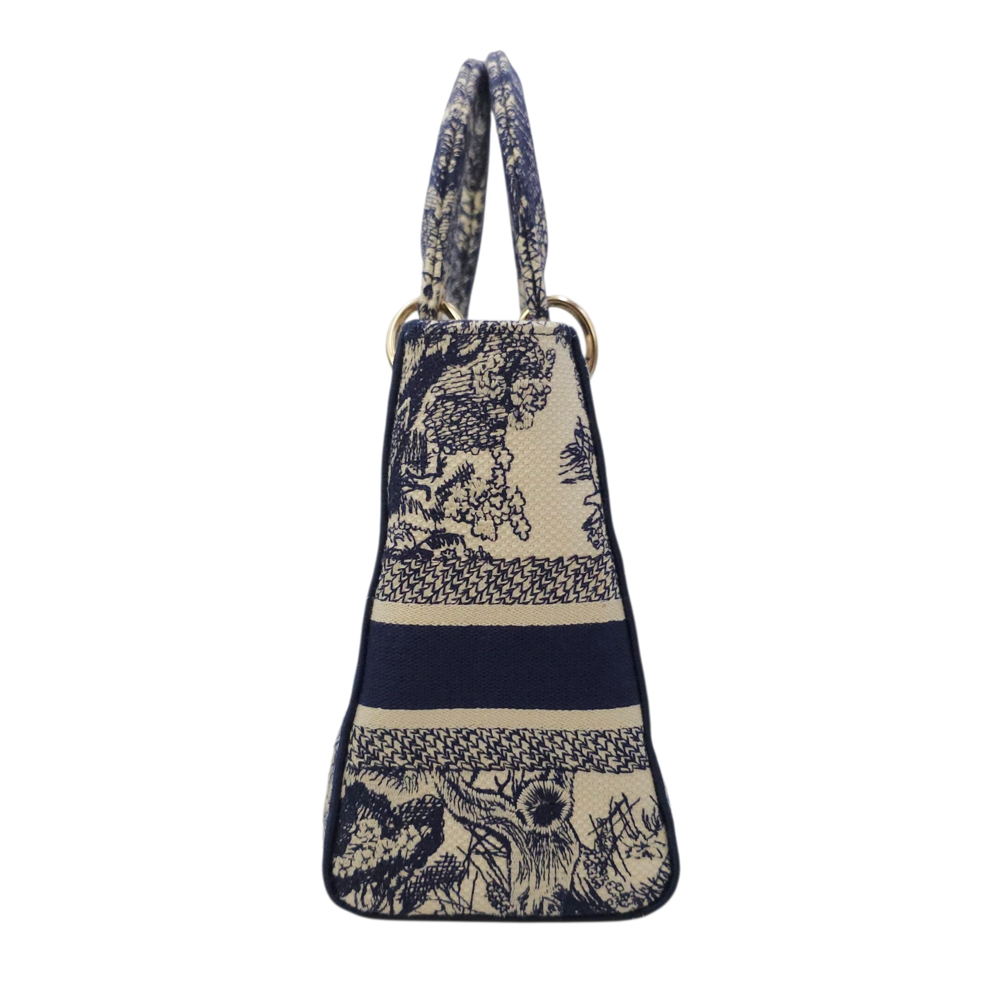 Lady Dior Medium Blue Top Handle Bag in Canvas Gold hardware