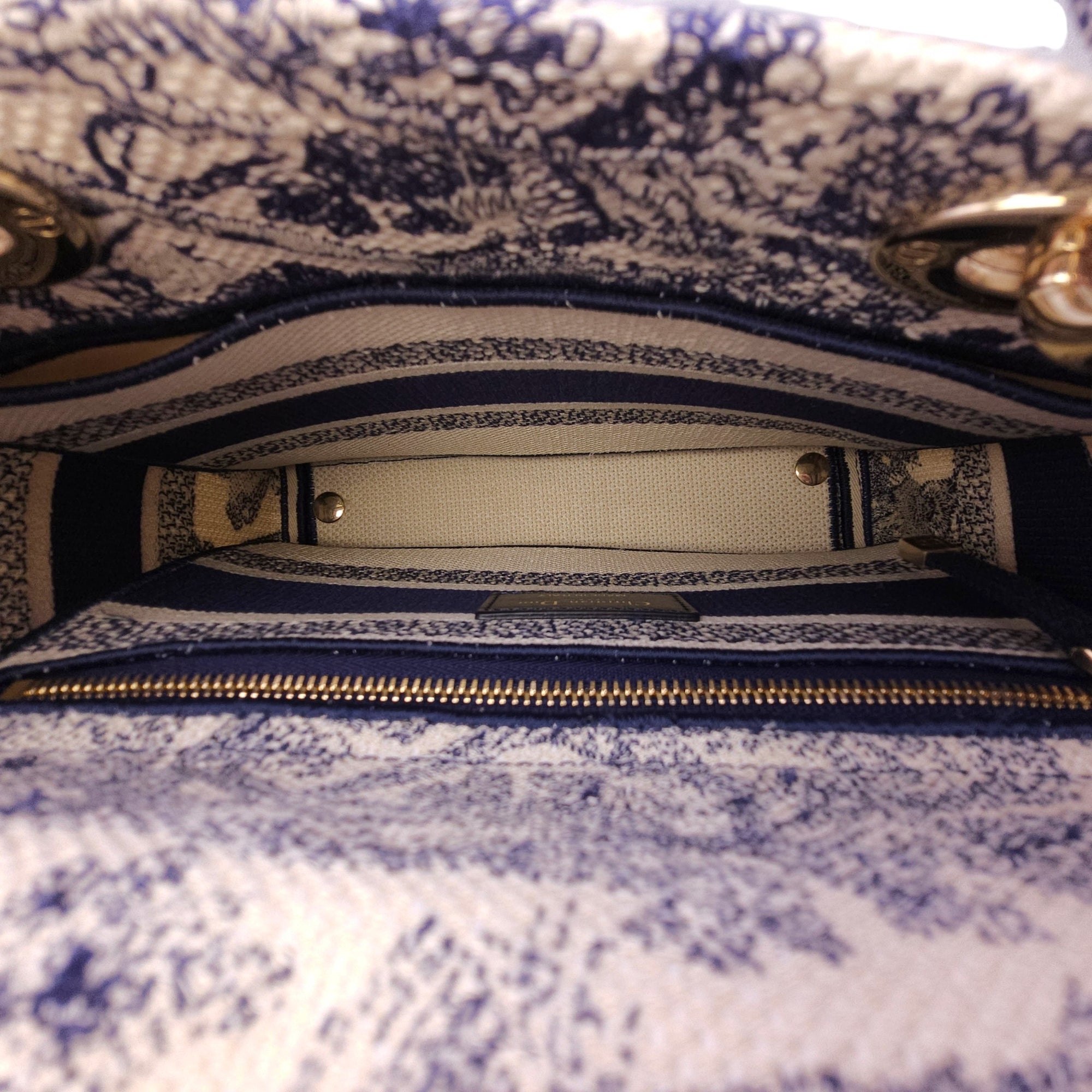 Lady Dior Medium Blue Top Handle Bag in Canvas Gold hardware