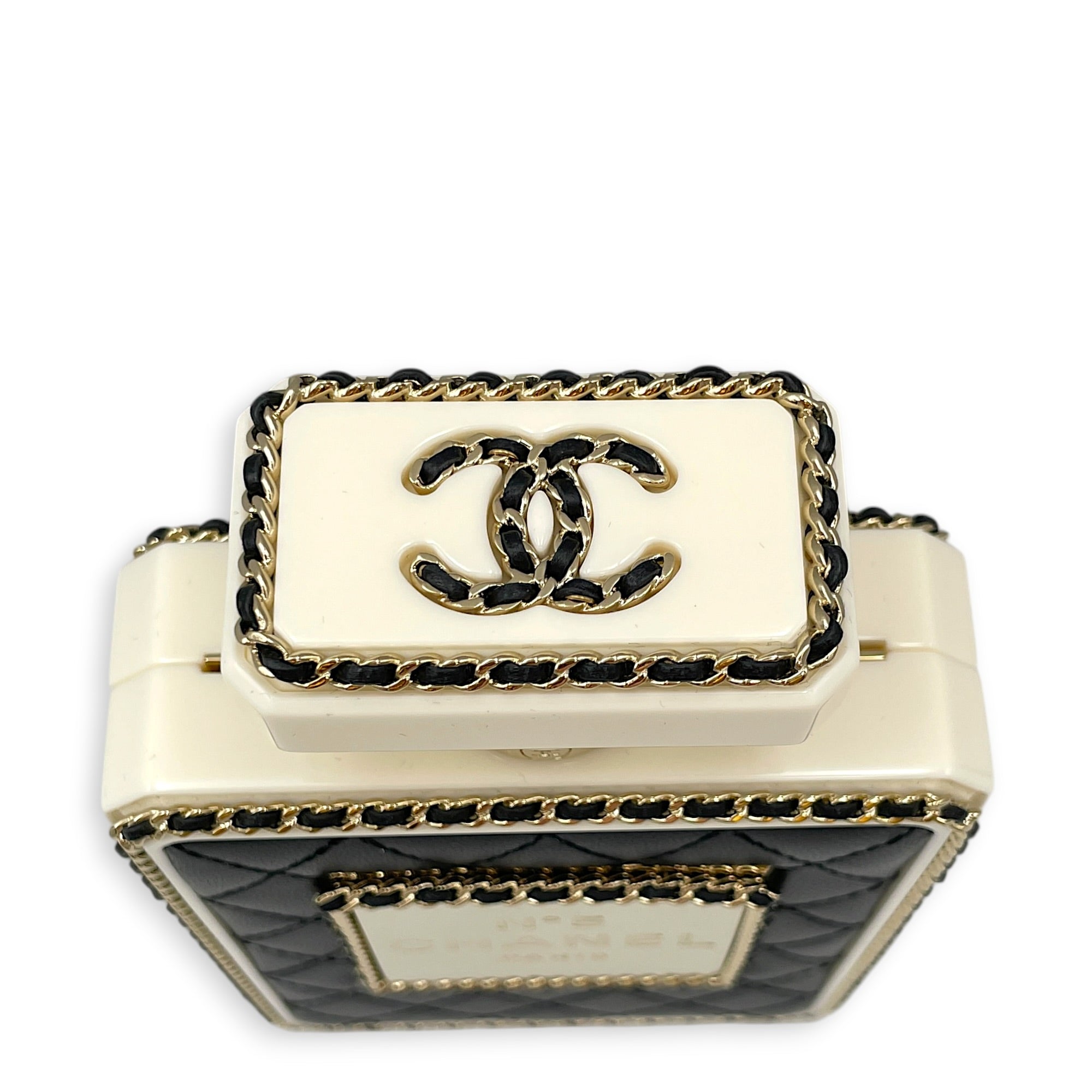 Quilted Perspex Perfume Bottle Minaudiere Black Shoulder Bag in Calfskin Gold hardware CL2604-20595 7