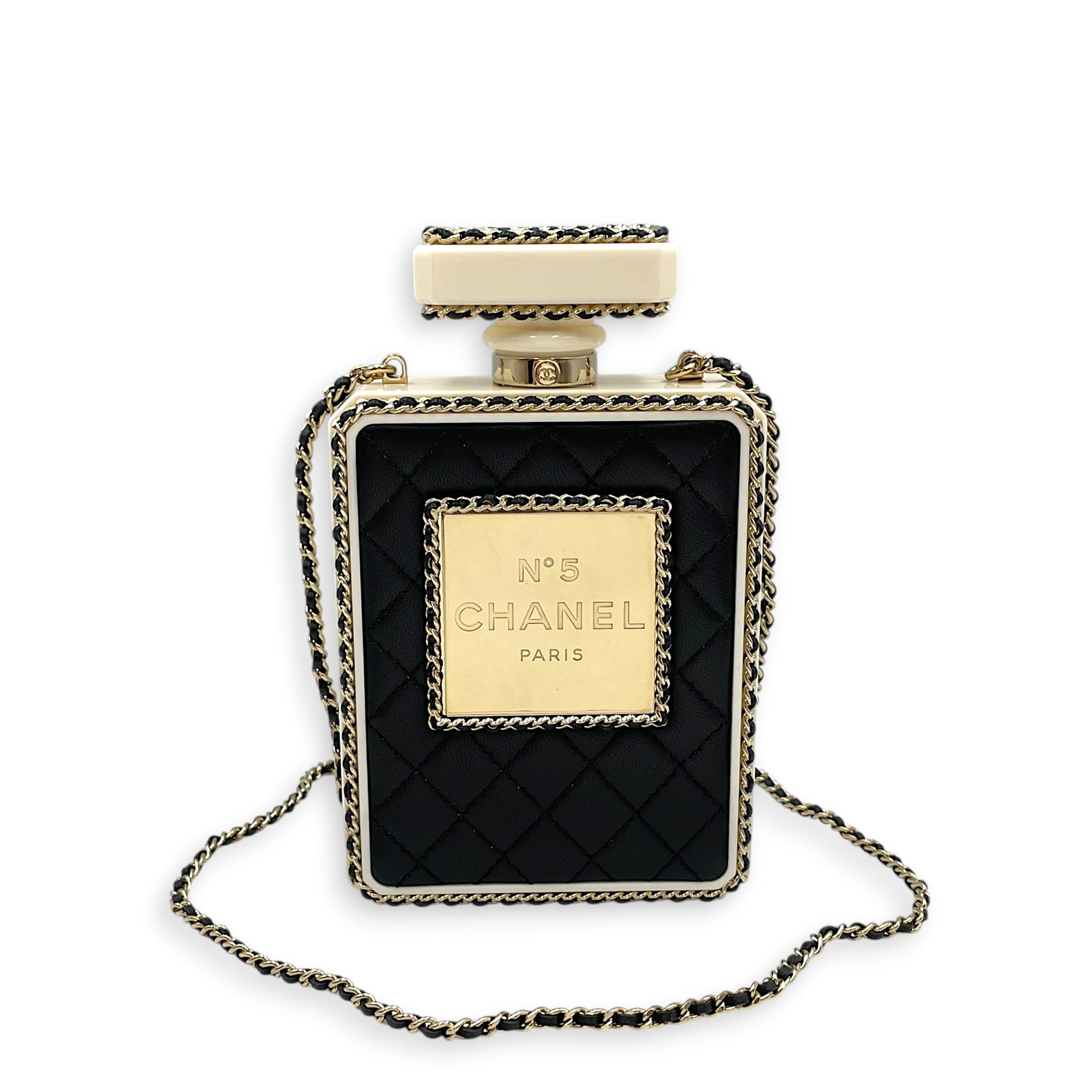 Quilted Perspex Perfume Bottle Minaudiere Black Shoulder Bag in Calfskin Gold hardware CL2604-20595 8