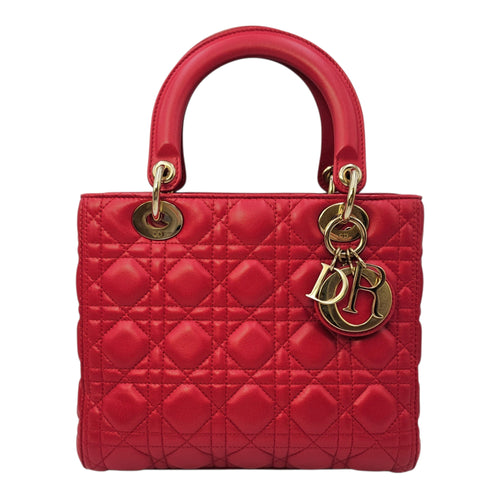 Medium Lady Dior Red Top Handle Bag in Lambskin Gold hardware