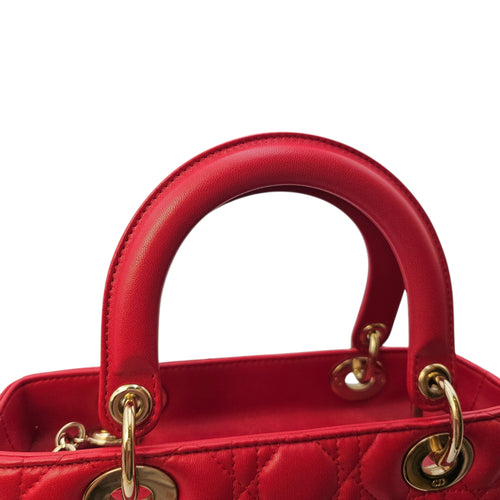 Medium Lady Dior Red Top Handle Bag in Lambskin Gold hardware