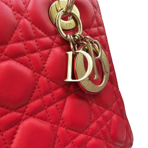 Medium Lady Dior Red Top Handle Bag in Lambskin Gold hardware