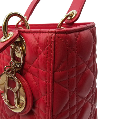 Medium Lady Dior Red Top Handle Bag in Lambskin Gold hardware