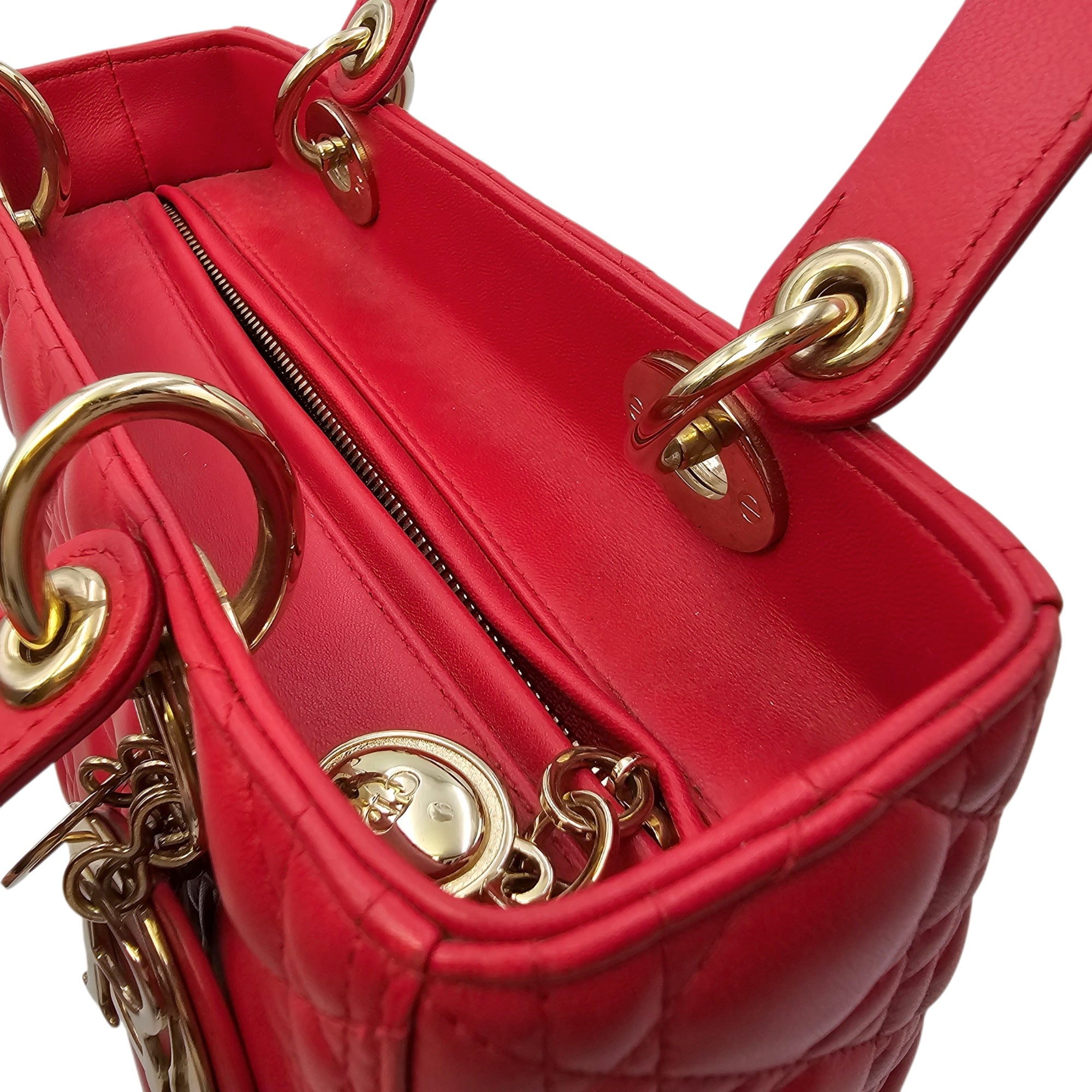 Medium Lady Dior Red Top Handle Bag in Lambskin Gold hardware