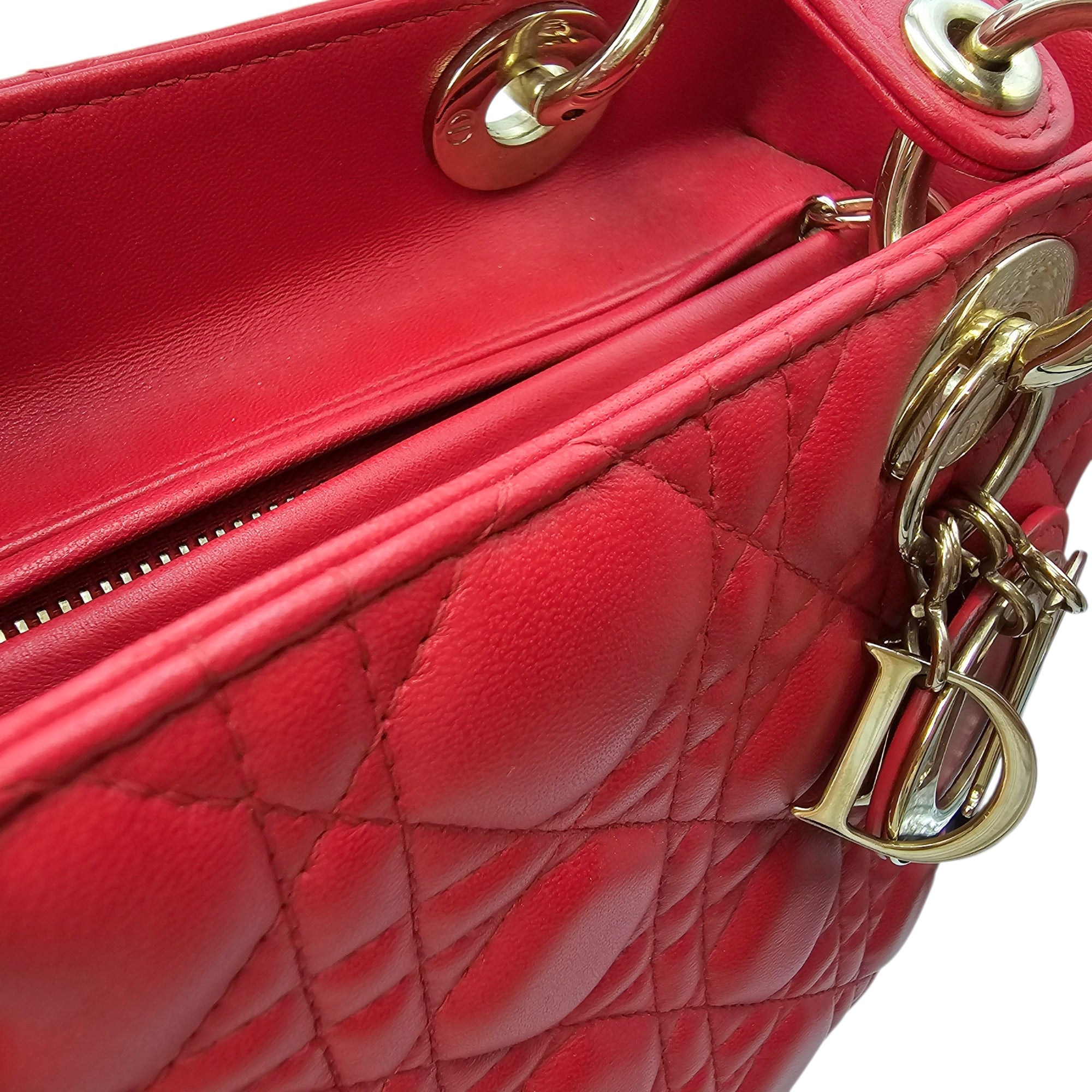 Medium Lady Dior Red Top Handle Bag in Lambskin Gold hardware