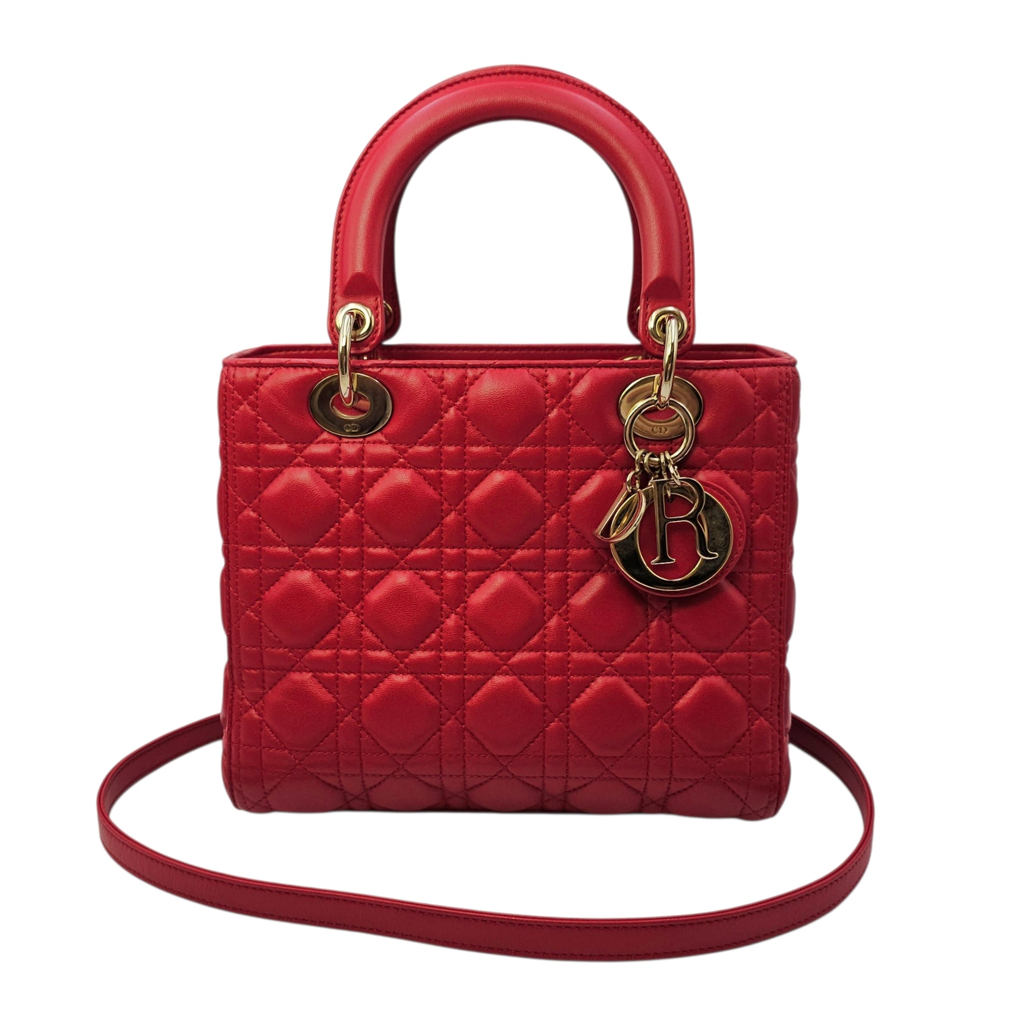 Medium Lady Dior Red Top Handle Bag in Lambskin Gold hardware