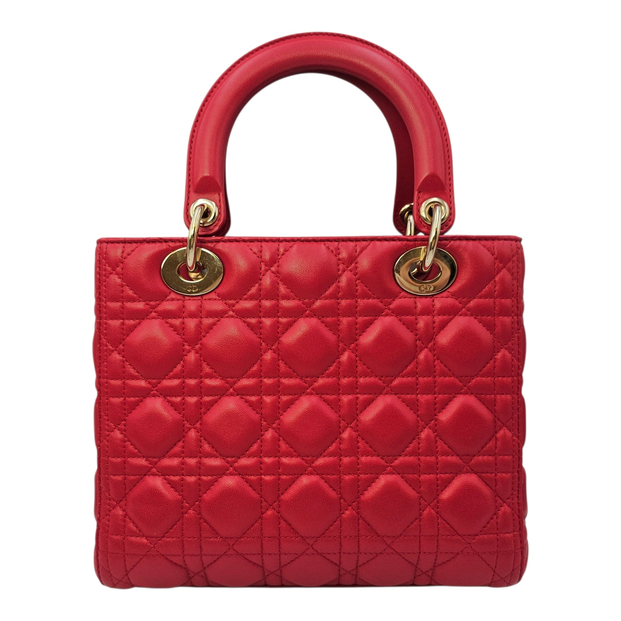 Medium Lady Dior Red Top Handle Bag in Lambskin Gold hardware