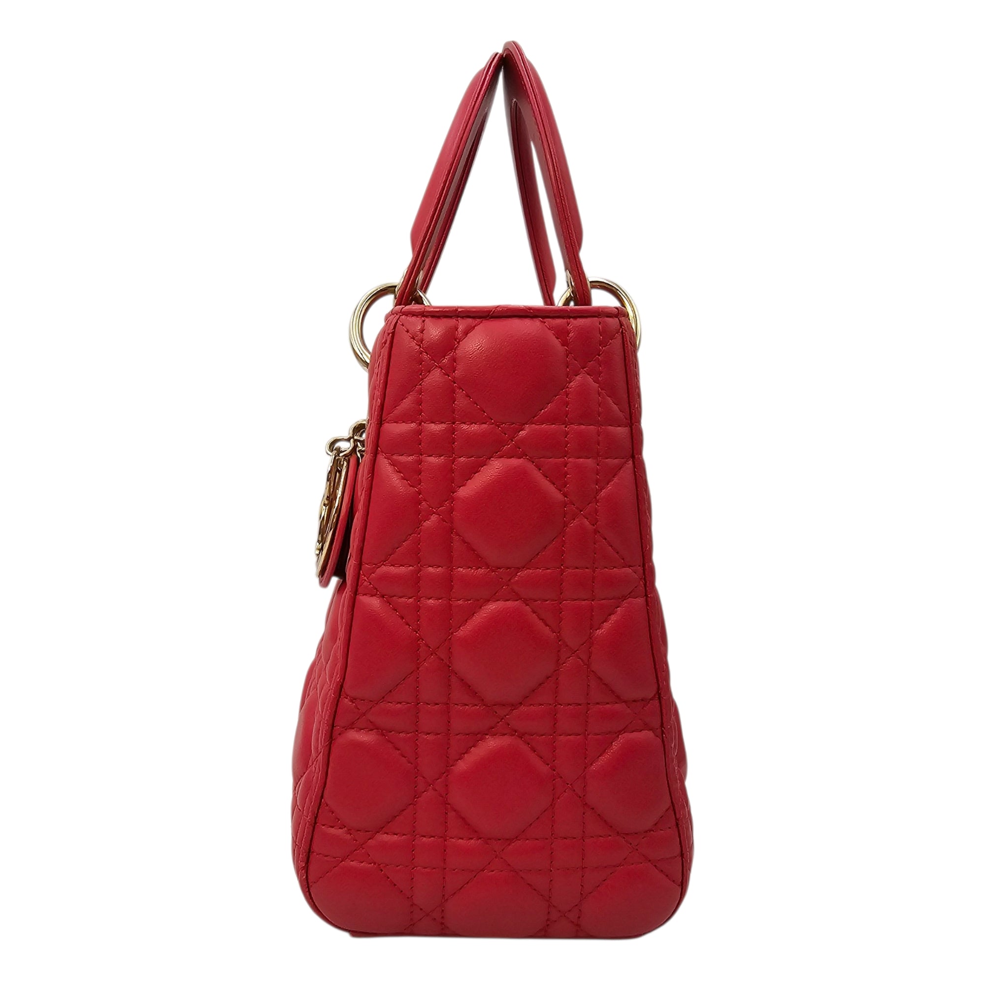 Medium Lady Dior Red Top Handle Bag in Lambskin Gold hardware