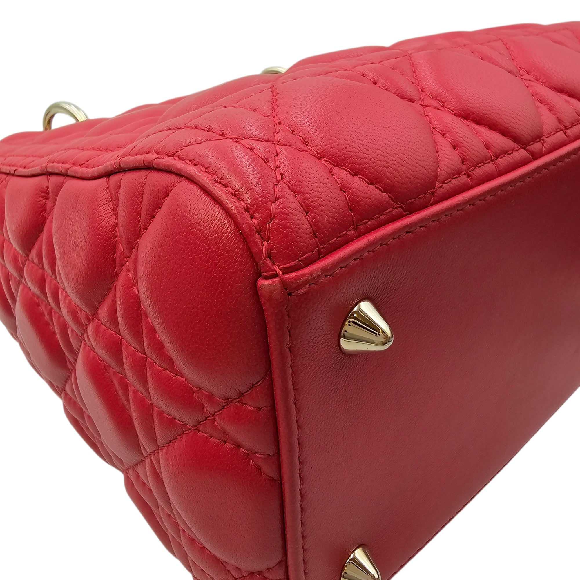 Medium Lady Dior Red Top Handle Bag in Lambskin Gold hardware
