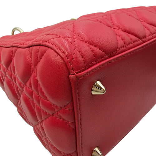 Medium Lady Dior Red Top Handle Bag in Lambskin Gold hardware