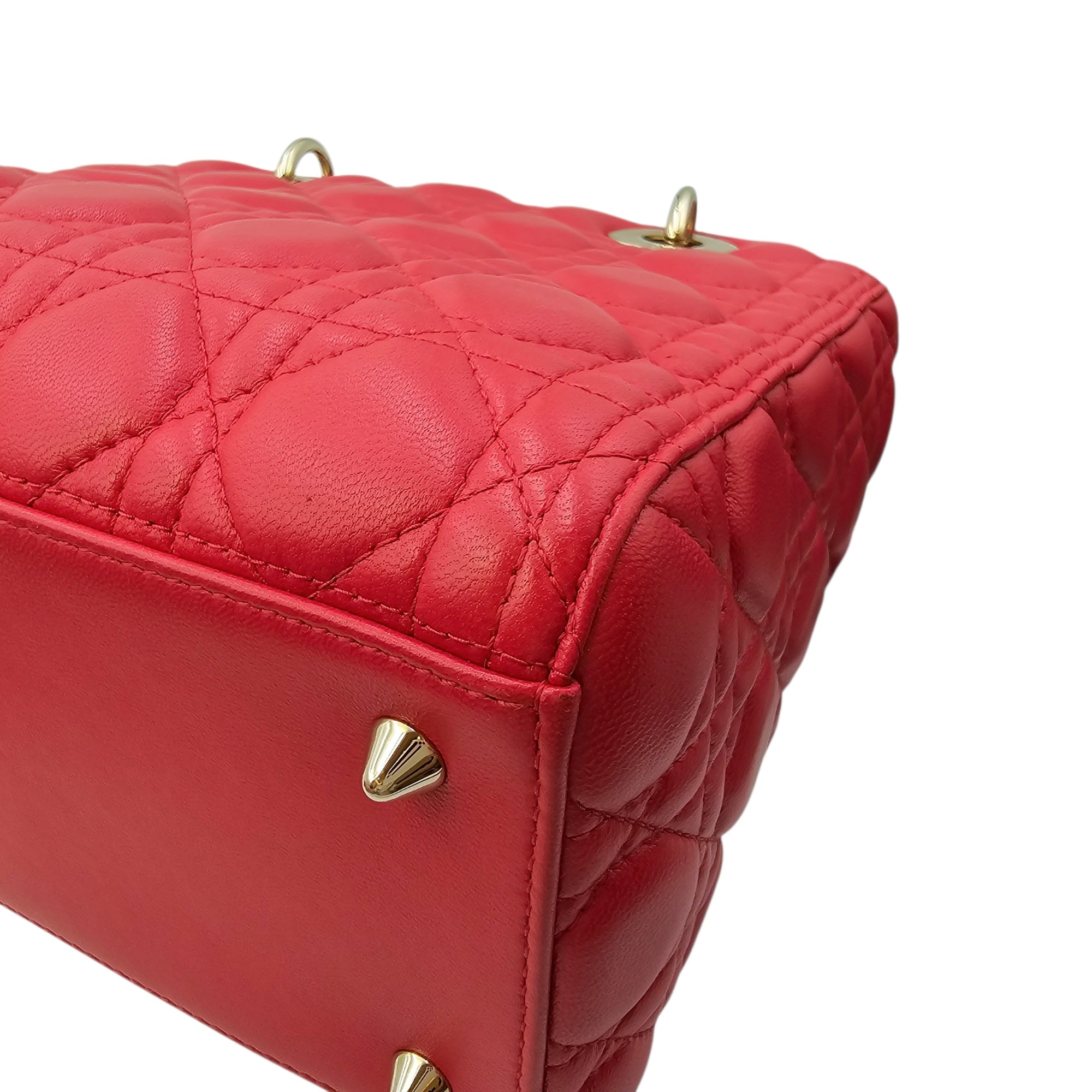 Medium Lady Dior Red Top Handle Bag in Lambskin Gold hardware