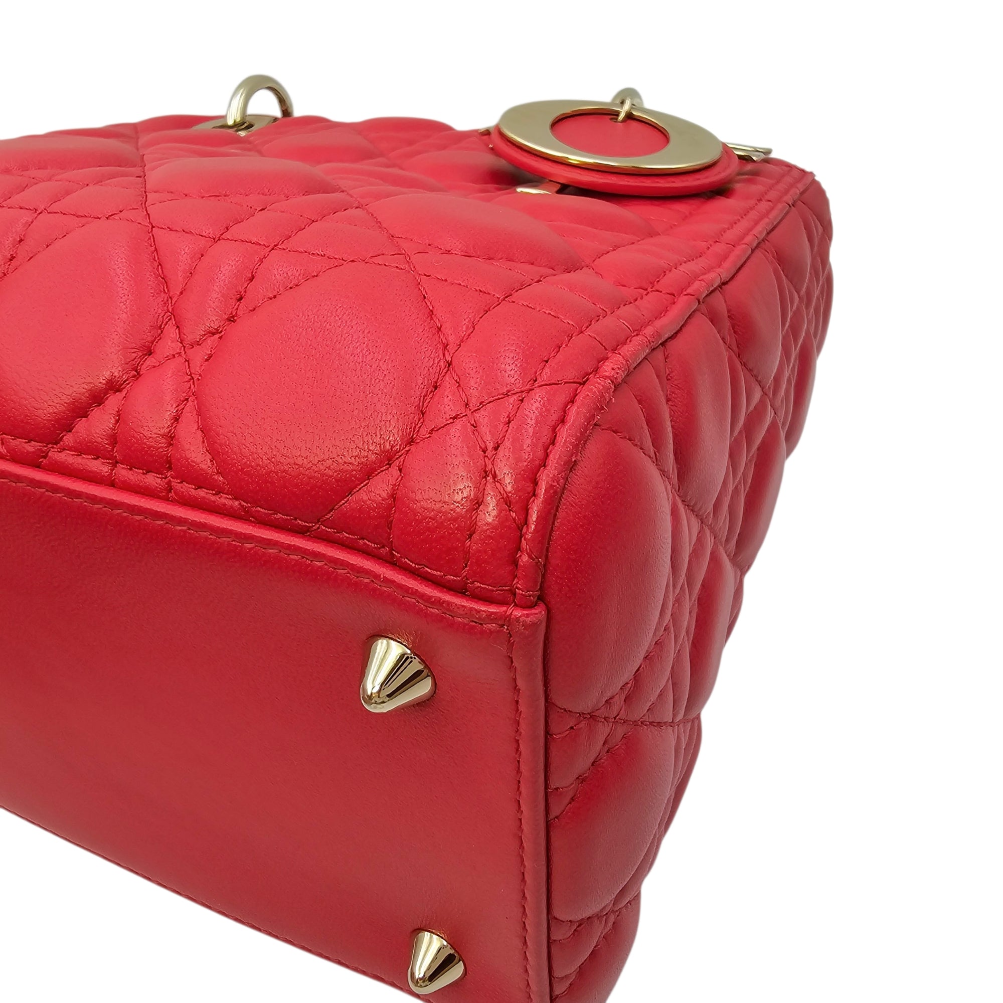 Medium Lady Dior Red Top Handle Bag in Lambskin Gold hardware