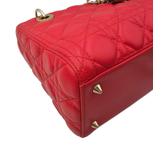 Medium Lady Dior Red Top Handle Bag in Lambskin Gold hardware