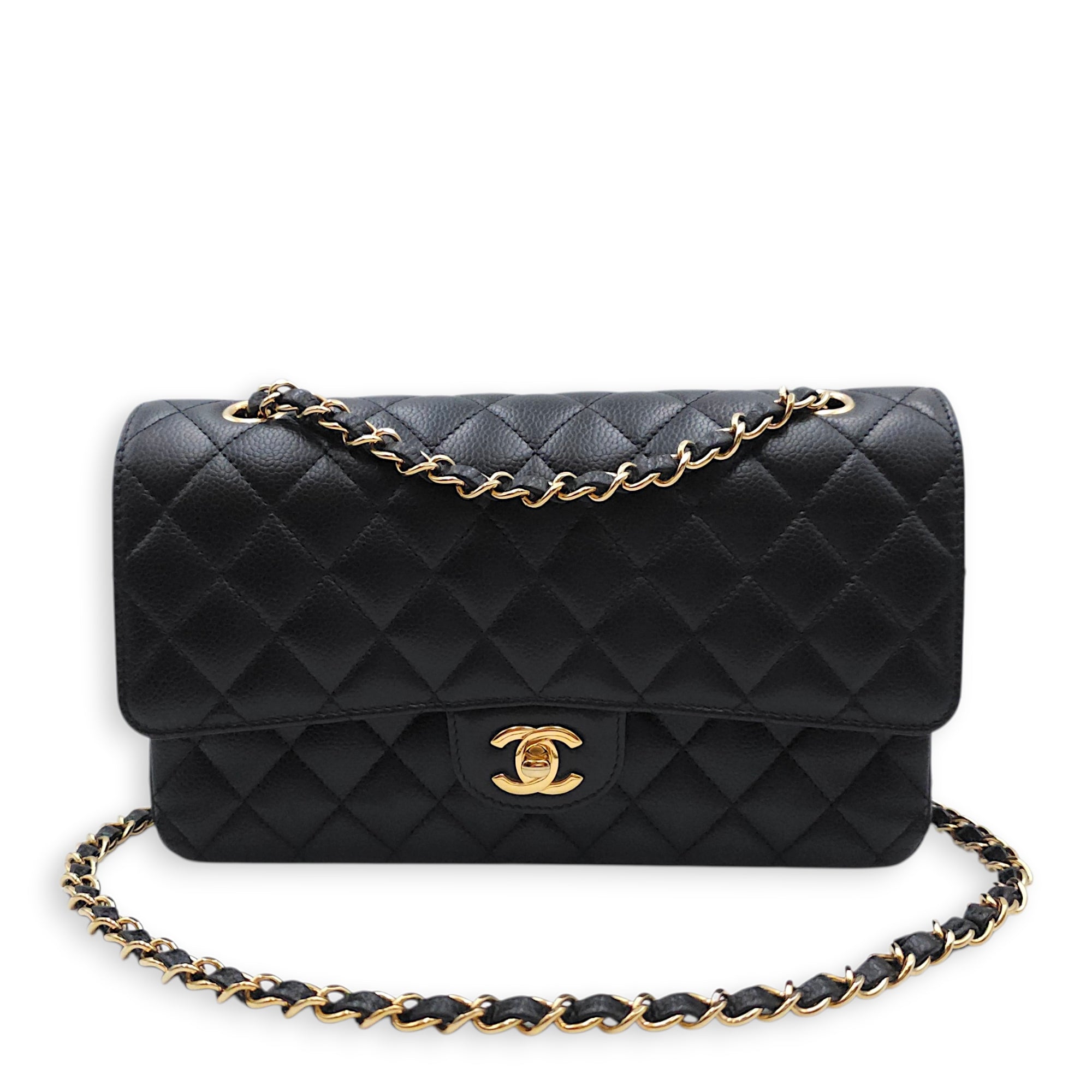 Medium Classic Flap Black Shoulder Bag in Caviar Leather Gold hardware