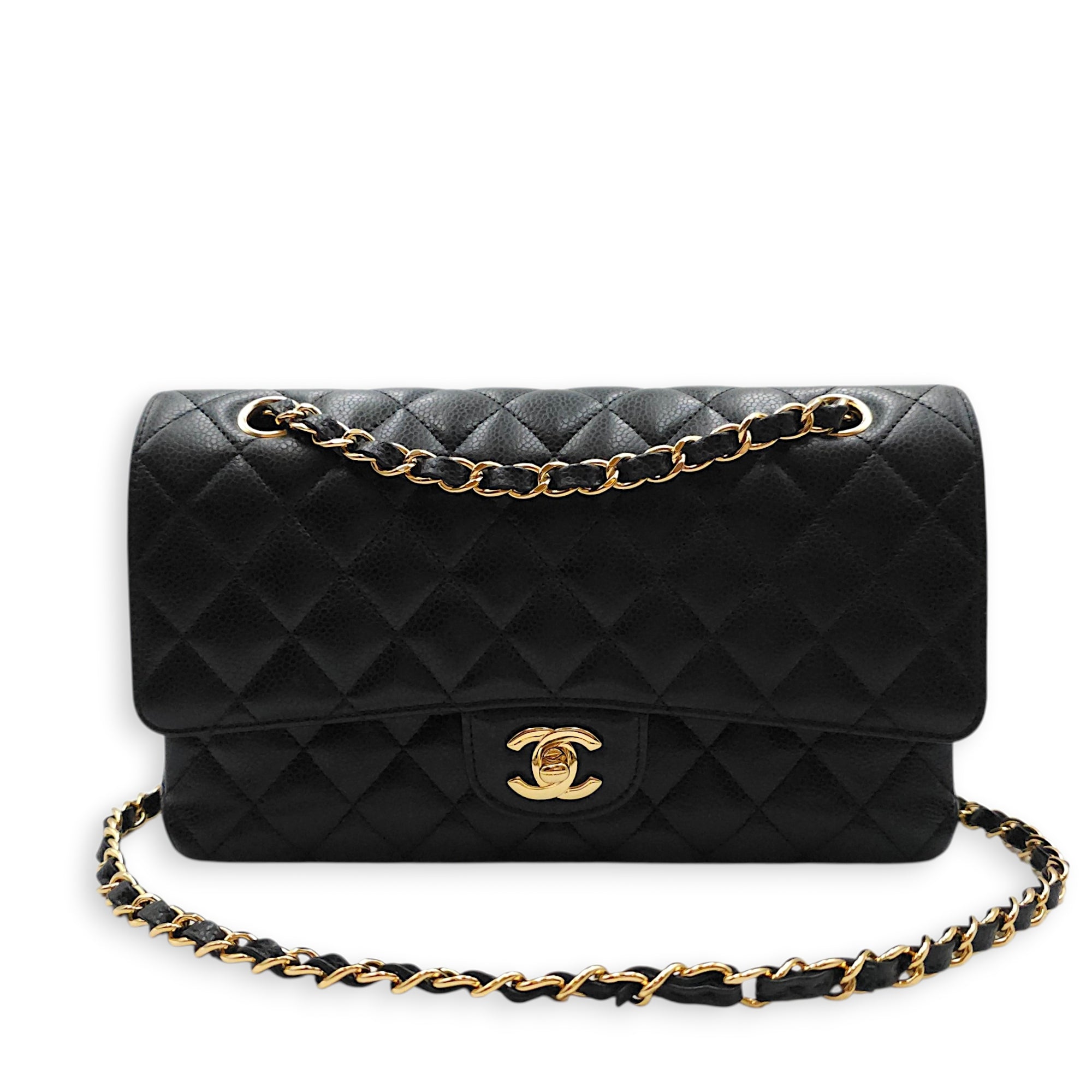 Medium Classic Flap Black Shoulder Bag in Caviar Leather Gold hardware