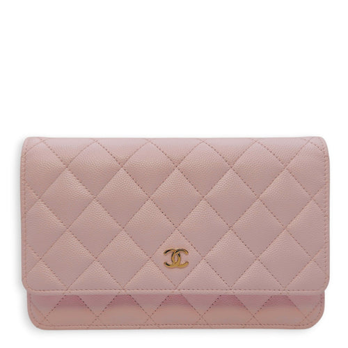 Quilted Pale Pink Wallet On Chain in Caviar Leather Gold hardware CL2604-20745 1