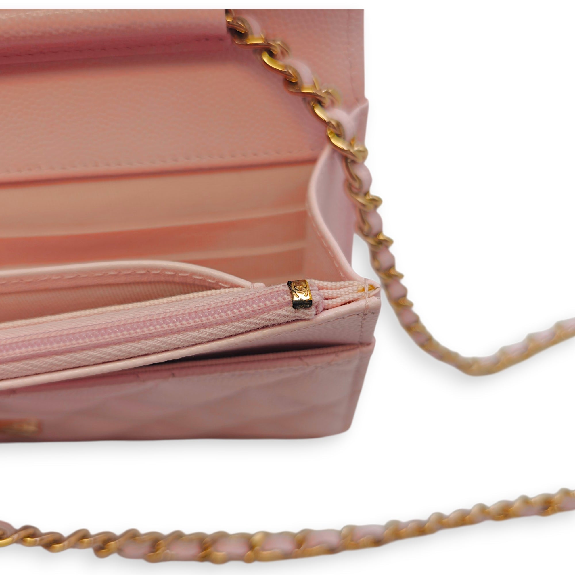 Quilted Pale Pink Wallet On Chain in Caviar Leather Gold hardware CL2604-20745 10