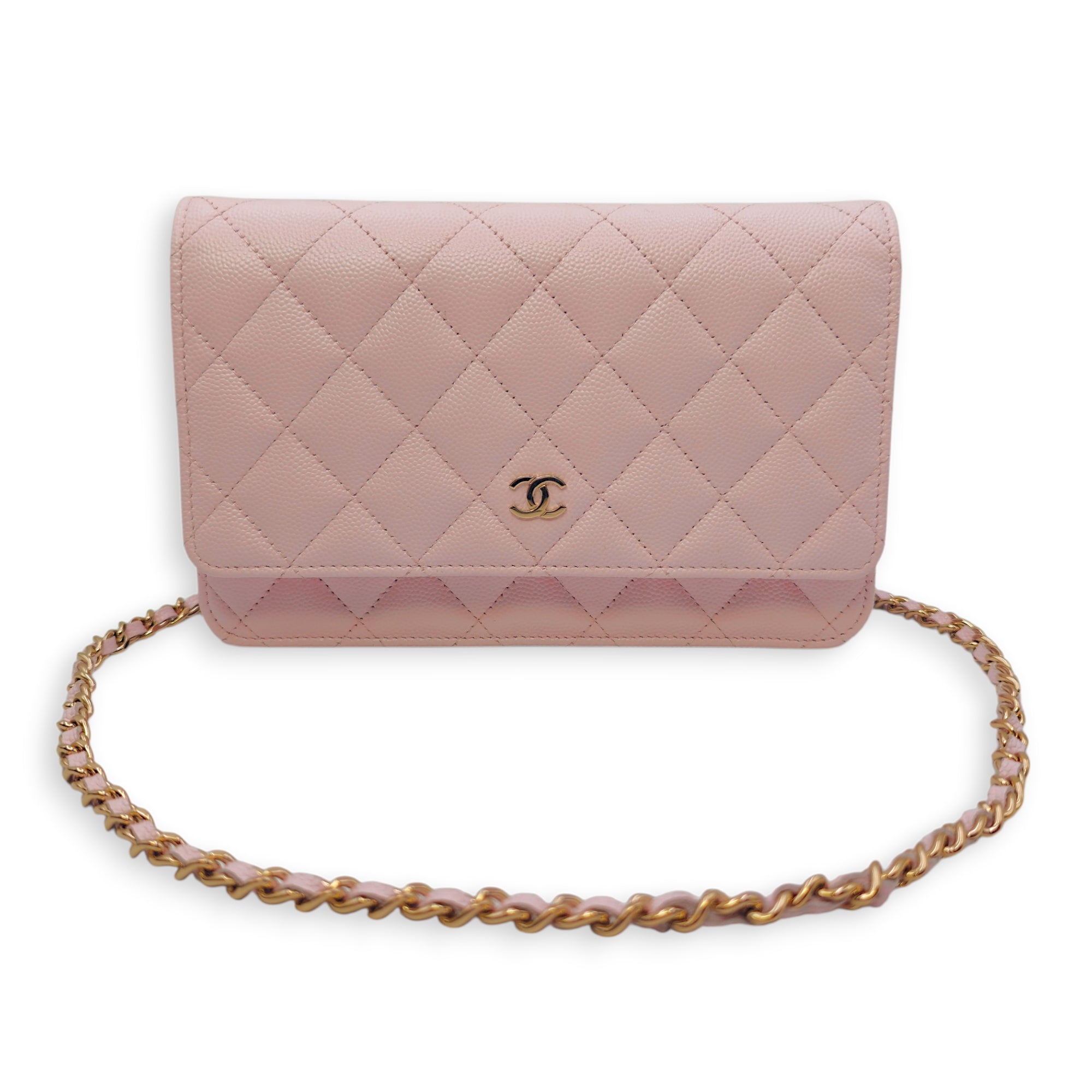 Quilted Pale Pink Wallet On Chain in Caviar Leather Gold hardware CL2604-20745 16