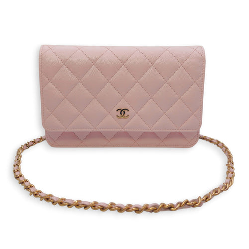 Quilted Pale Pink Wallet On Chain in Caviar Leather Gold hardware CL2604-20745 16
