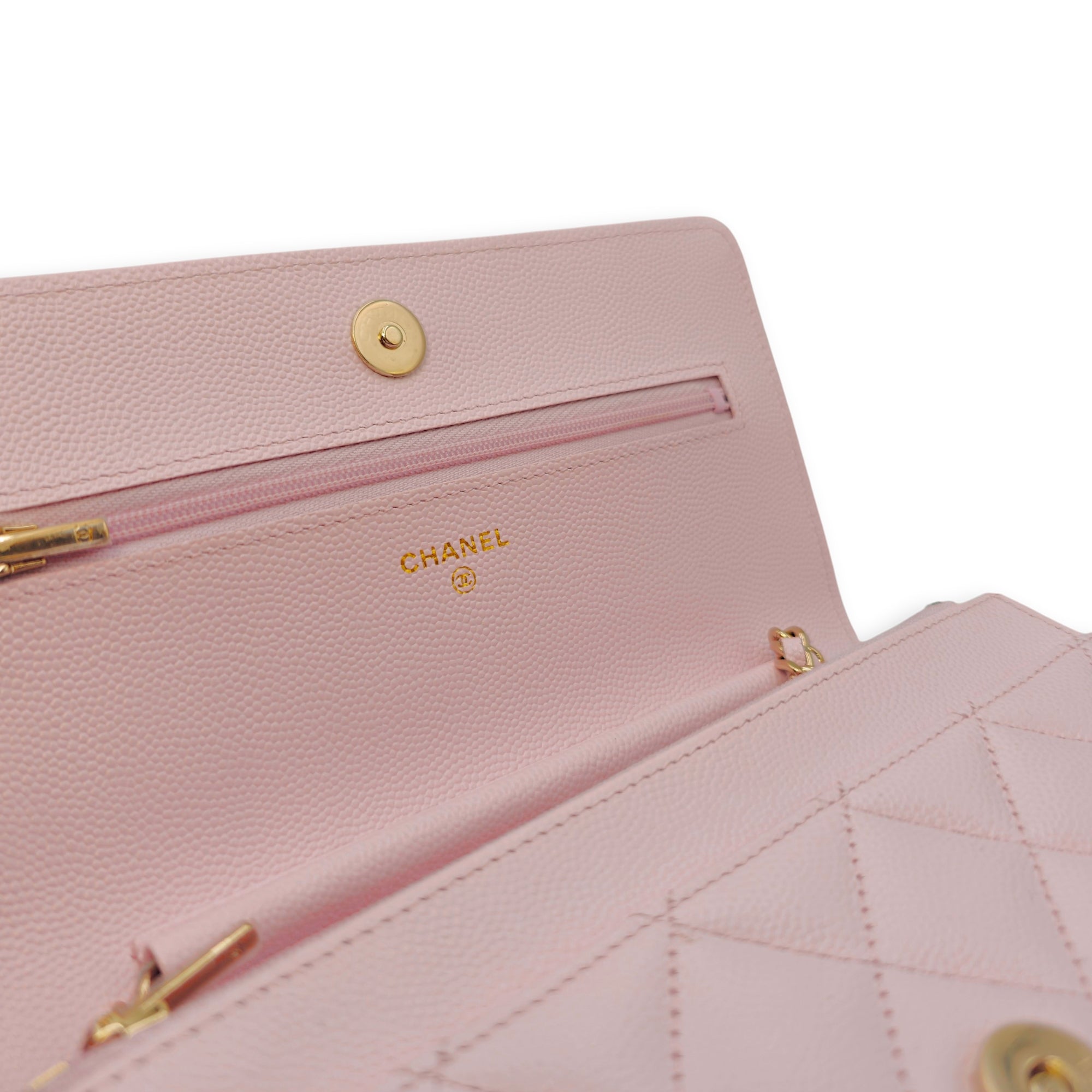 WOC Pink Crossbody Bag in Caviar Leather Gold hardware