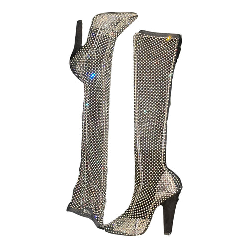 Crystal-Embellished Fishnet 36.5 Black Knee Boots Silver hardware CL2604-20749 1
