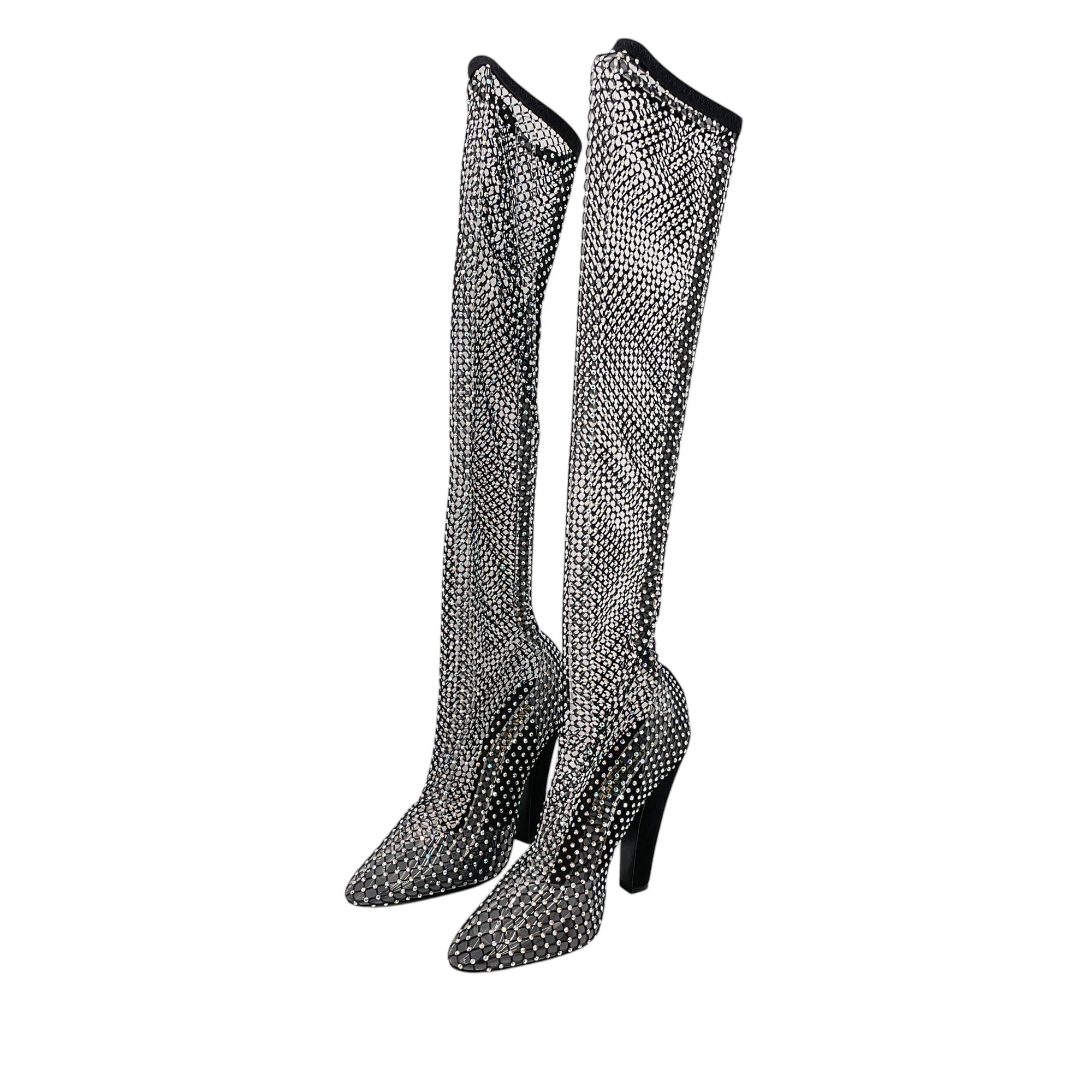 Crystal-Embellished Fishnet 36.5 Black Knee Boots Silver hardware CL2604-20749 4