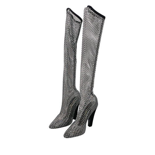 Crystal-Embellished Fishnet 36.5 Black Knee Boots Silver hardware CL2604-20749 4