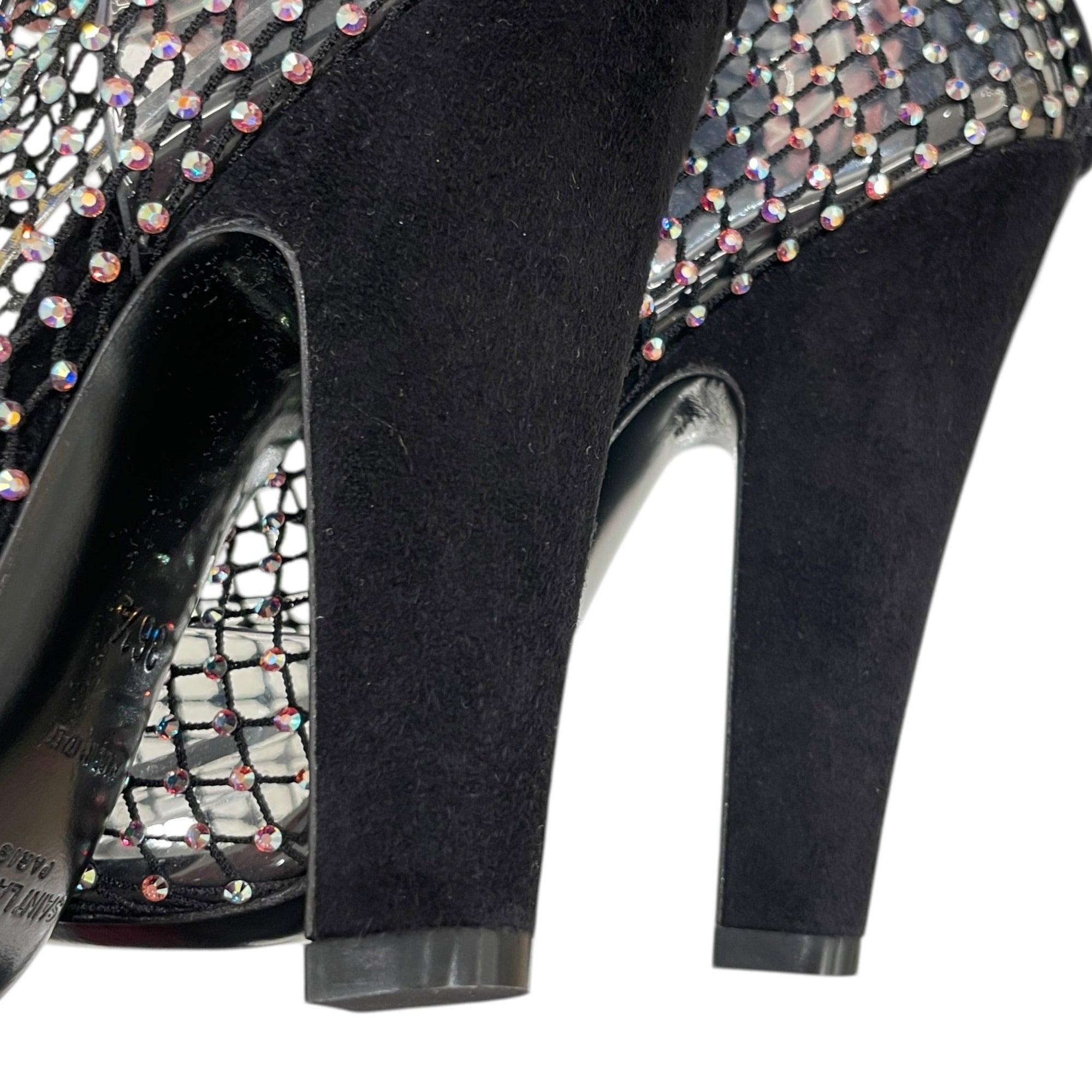 Crystal-Embellished Fishnet 36.5 Black Knee Boots Silver hardware CL2604-20749 6