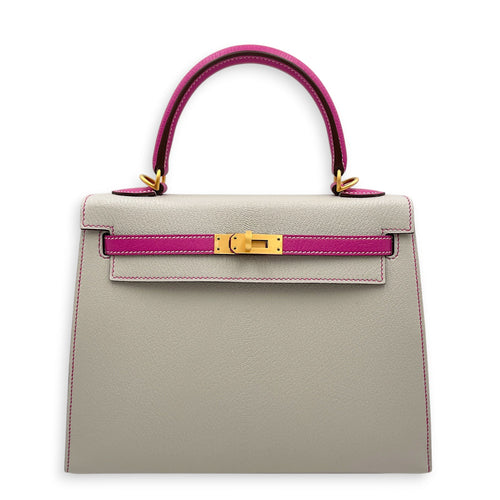 HSS Sellier Kelly 25 Gris Perle/Magnolia in Chevre Mysore Brushed Gold hardware CL2604-20859 1
