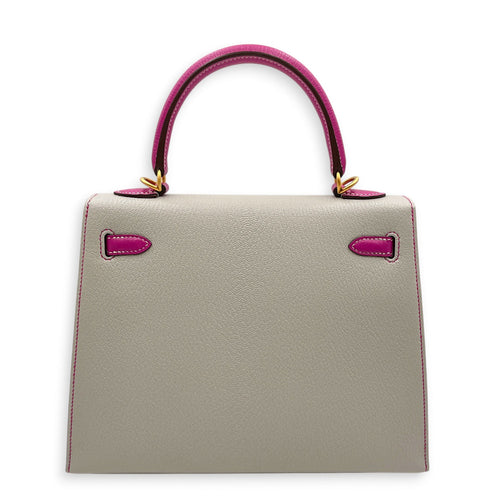 HSS Sellier Kelly 25 Gris Perle/Magnolia in Chevre Mysore Brushed Gold hardware CL2604-20859 2