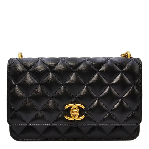 Camellia Pearl Crush WOC Black Crossbody Bag in Lambskin Gold hardware