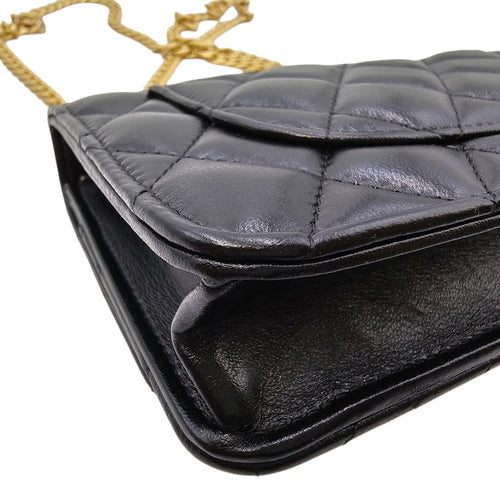 Camellia Pearl Crush WOC Black Crossbody Bag in Lambskin Gold hardware