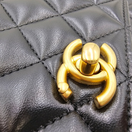 Camellia Pearl Crush WOC Black Crossbody Bag in Lambskin Gold hardware