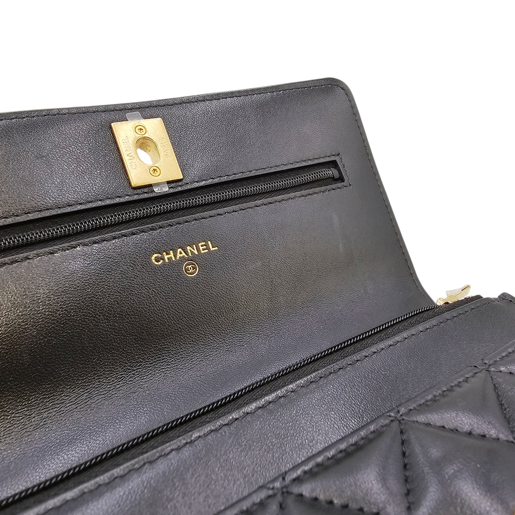 Camellia Pearl Crush WOC Black Crossbody Bag in Lambskin Gold hardware