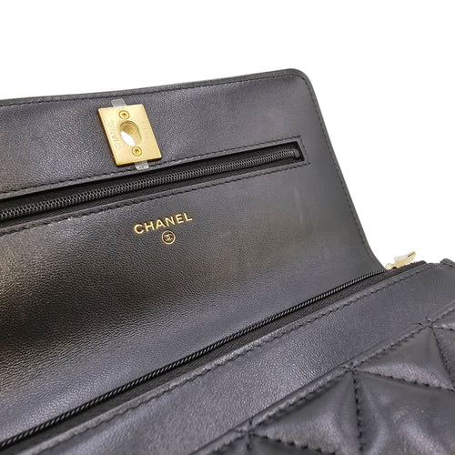 Camellia Pearl Crush WOC Black Crossbody Bag in Lambskin Gold hardware