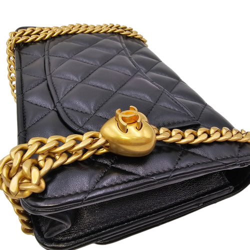 Camellia Pearl Crush WOC Black Crossbody Bag in Lambskin Gold hardware