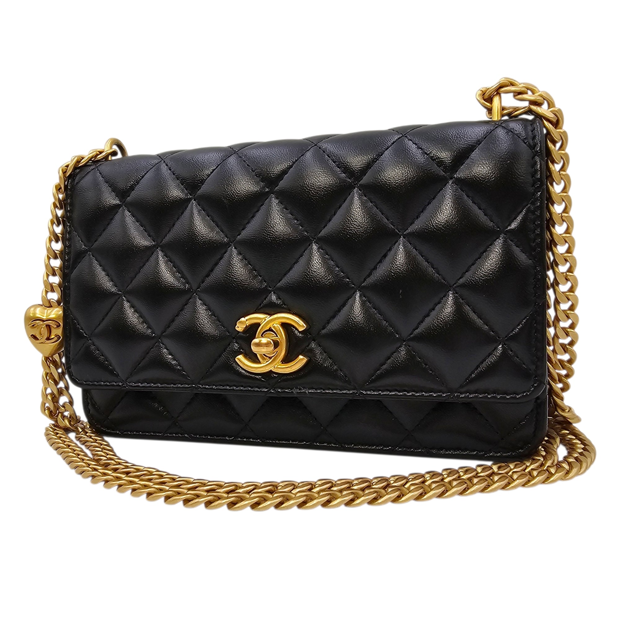 Camellia Pearl Crush WOC Black Crossbody Bag in Lambskin Gold hardware