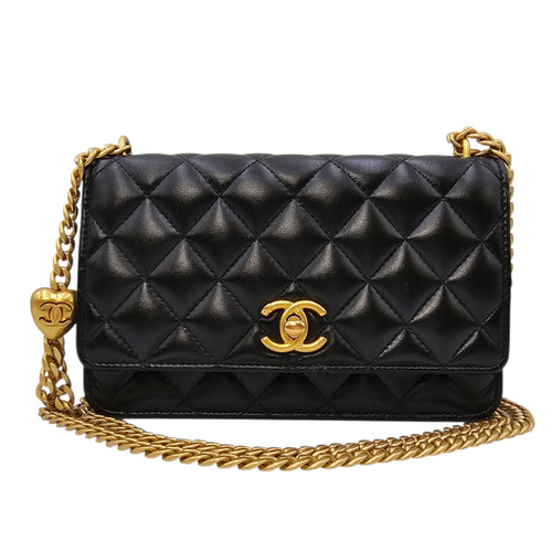 Camellia Pearl Crush WOC Black Crossbody Bag in Lambskin Gold hardware