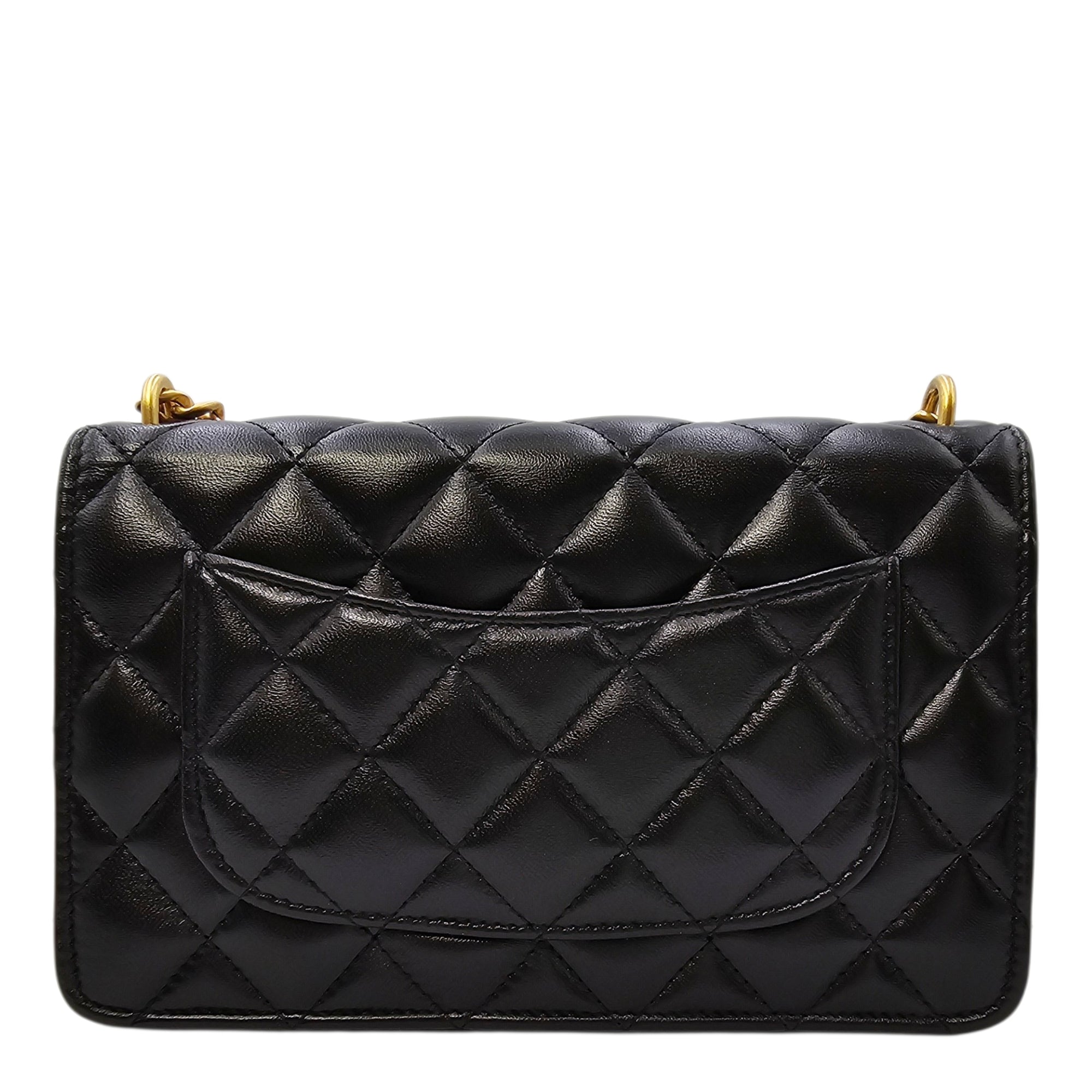 Camellia Pearl Crush WOC Black Crossbody Bag in Lambskin Gold hardware