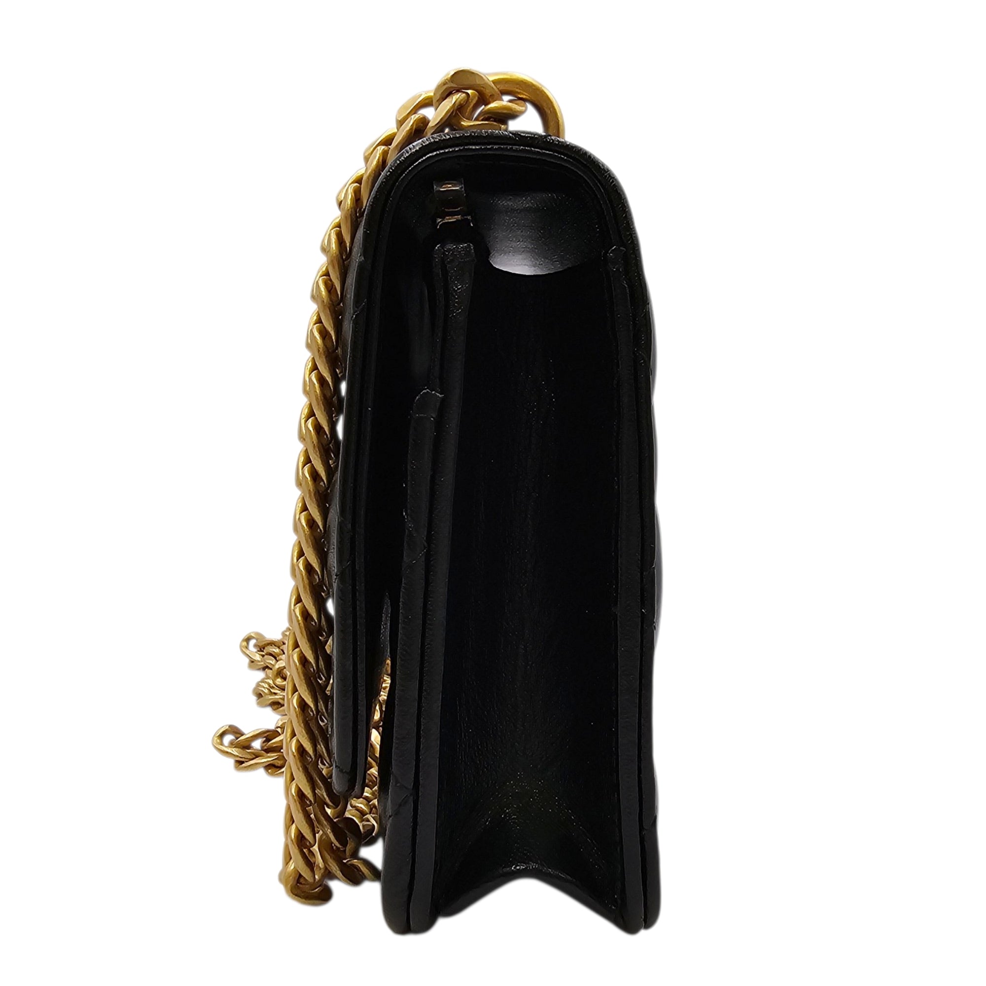 Camellia Pearl Crush WOC Black Crossbody Bag in Lambskin Gold hardware